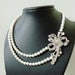 Bridal Pearl Necklace - Double Strand Pearl Necklace - Rhinestone Brooch Pendant - Vintage Inspired Ribbon - Joelle