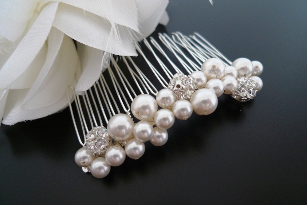 Bridal Haircomb - Pearl Haircomb - Swarovski Pearl Hair Comb - Bridesmaids Hair Accessory - Rhinestone Beads - Renee
