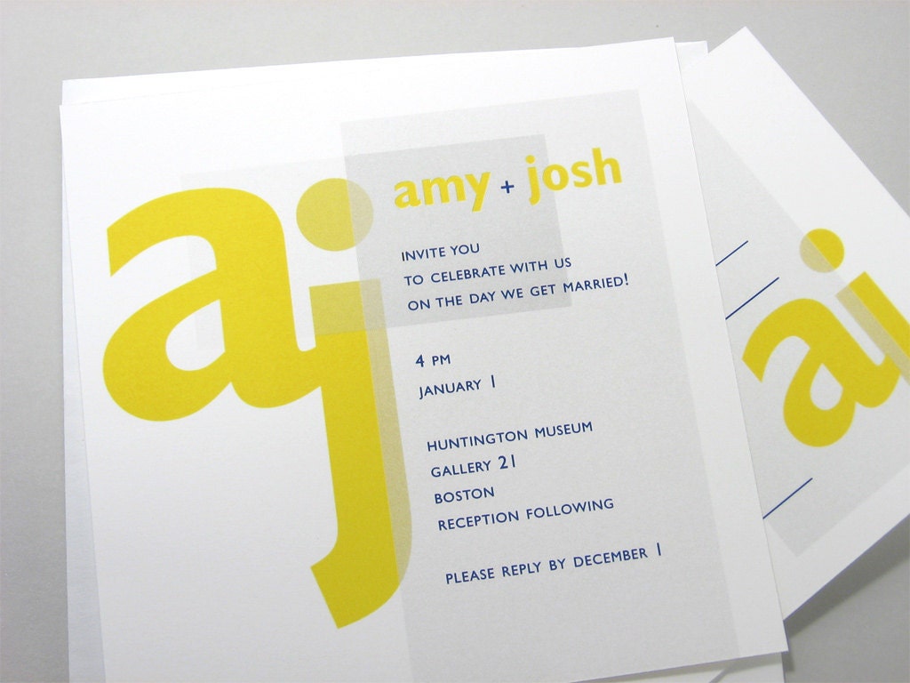 Modern Wedding Invitation Custom Bold Initials Bride Groom Letters Yellow Type Grey Square Silver Pocketfold Ribbon Wrap