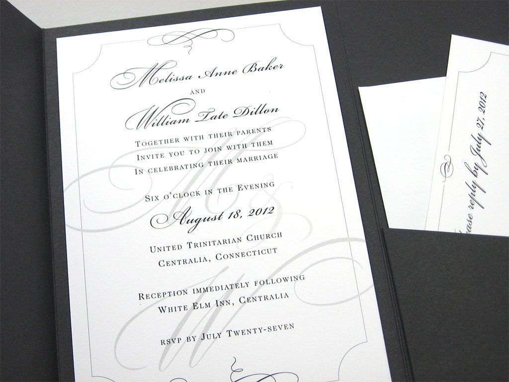 Custom Wedding Invitation Classic Pocketfold Traditional Black White Elegance Belly Band Wrap