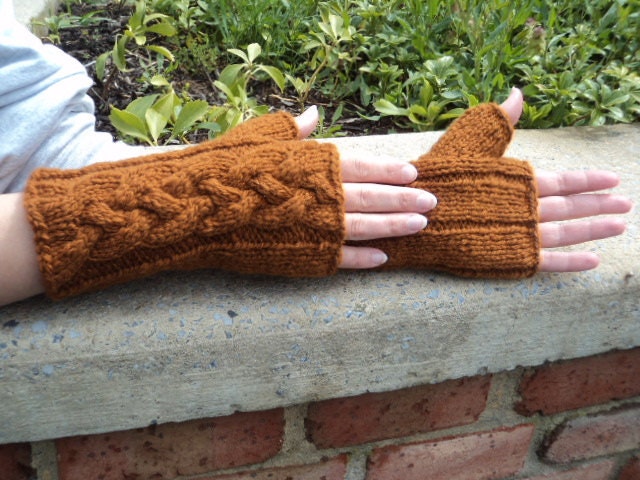 Cabled Fingerless Gloves, Hand Spun Wool