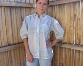 Vintage Plaid Shirt / 70s Camp Shirt with Puff Sleeves / 80s Blouse