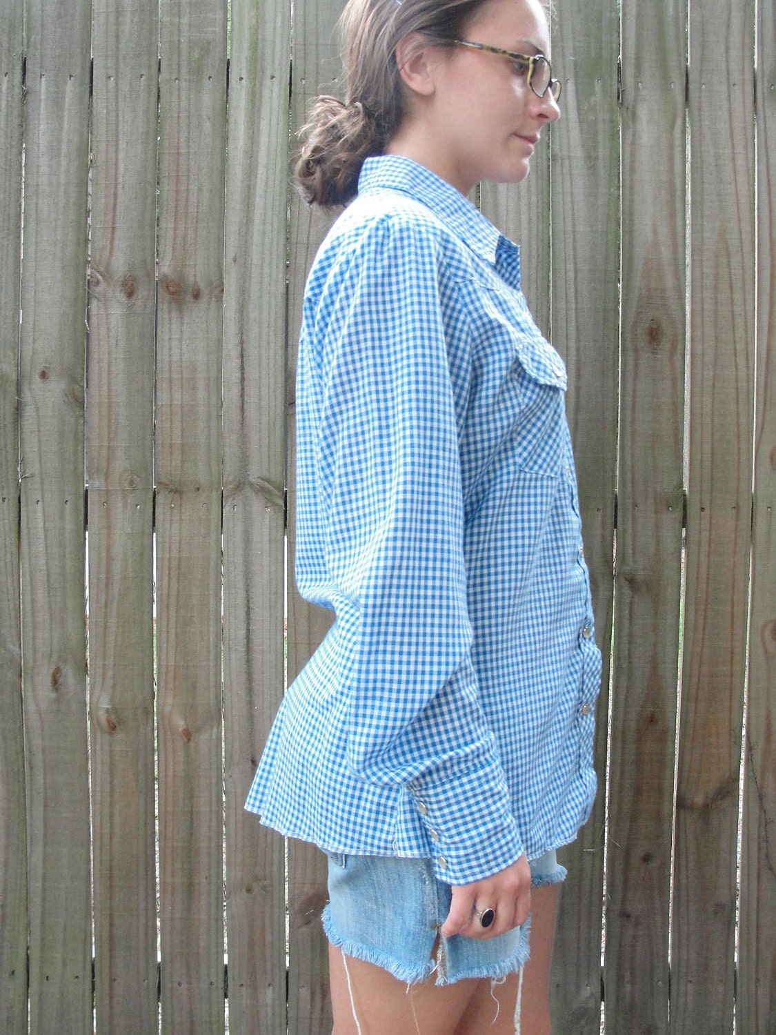 Vintage Women's Wrangler Blouse / Blue Gingham Picnic / 80s Western Shirt