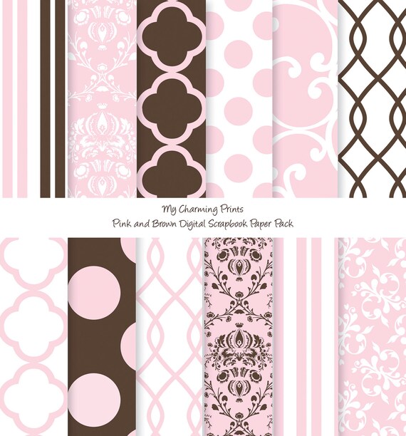 Pink and Brown - Digital Paper Pack - 8 1/2"x11" - 300 dpi - 12 Digital papers Il_570xn