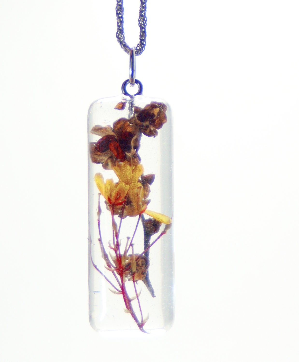 Warmth- Real Flower Jewelry- Dried Flower Jewelry- Flower Pendant- Resin Jewelry- Orange Pendant- Brown Pendant