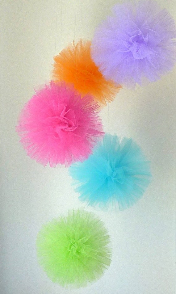 SUPER Tulle Hanging Poms - 5 - 8" Poms - wedding, decoration, birthday, party, bridal shower, pom poms, tulle, summer, rainbow, girls