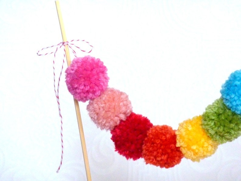 Yarn Pom Cake Garland - Rainbow - cake bunting, cake topper, cupcake pick, birthday party, decoration, wedding, baby shower, pom poms