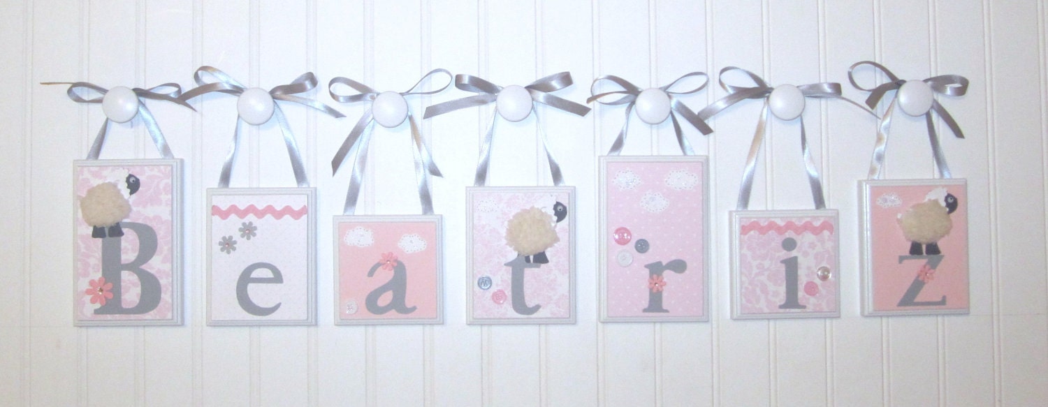 Hanging Name Blocks . ROUTED EDGE . Hanging Name Letters . Name Blocks . Nursery Decor . Lambs Sheep . Pink Gray White