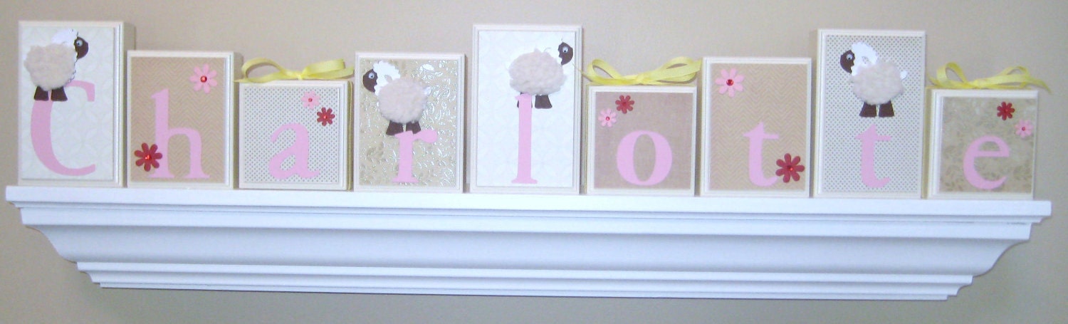 Nursery Room Decor . ROUTED EDGE . Name Blocks . Nursery Name Blocks . Baby Name Blocks . Wood Name Blocks . Bedding . M2M Sweet Lambie