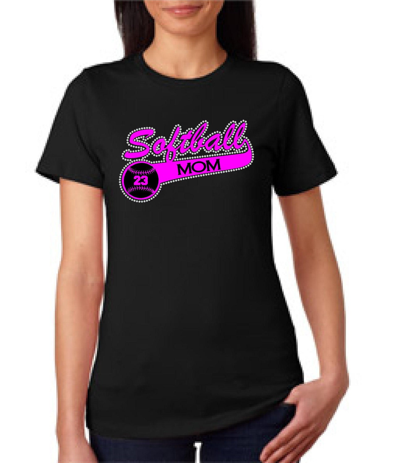 Rhinestone Softball MOM Tshirt - Softball MOM....tee shirt hot pink sports baseball