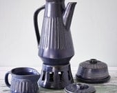 Blue gray pottery coffee set : Pot and warmer stand, butter dish, sugar bowl and creamer