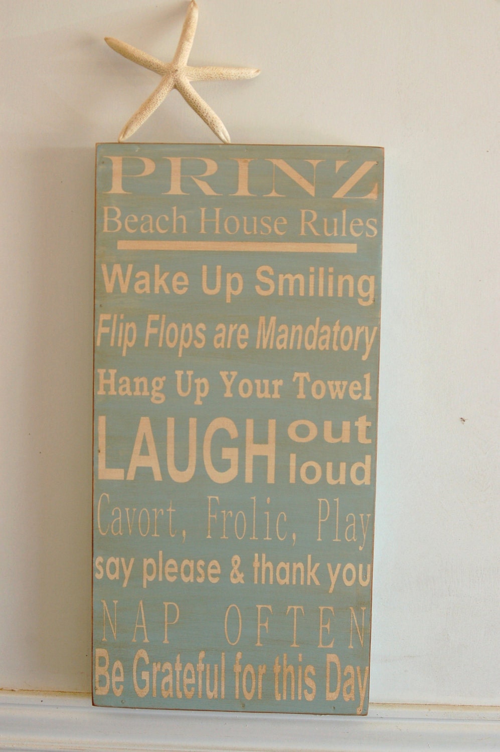 Beach House family rules subway style art wood sign - personalized - beach house blue - distressed primitive looking sign
