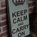 Keep Calm and Carry On - distressed vintage looking piece - chocolate brown and beach house blue