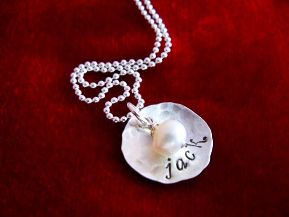 Necklace with Kids Name Hand Stamped Sterling Silver Hammered Disc