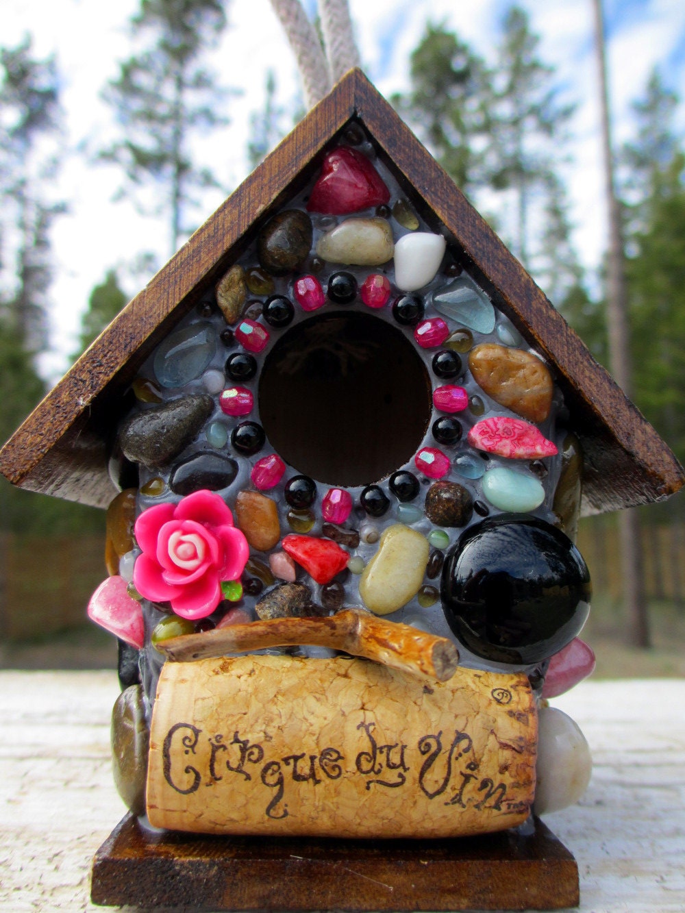 Whimsical Birdhouse Pink and Black Mosaic with Rose and Wine Cork