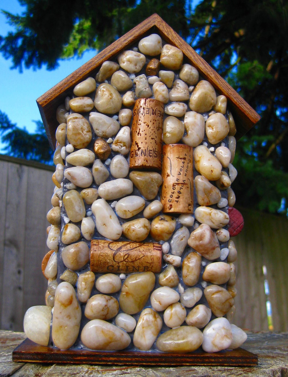 Outdoor Wine Cork Birdhouse with gold accents