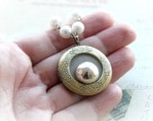 Antique Bronze Locket Necklace. White Pearl Necklace. Wire Wrapped Necklace. Rustic Vintage Necklace.