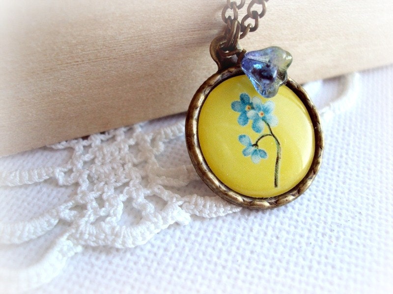 Yellow Blue Flower Small Pendant. Antique Bronze Necklace. Vintage Brass Necklace.