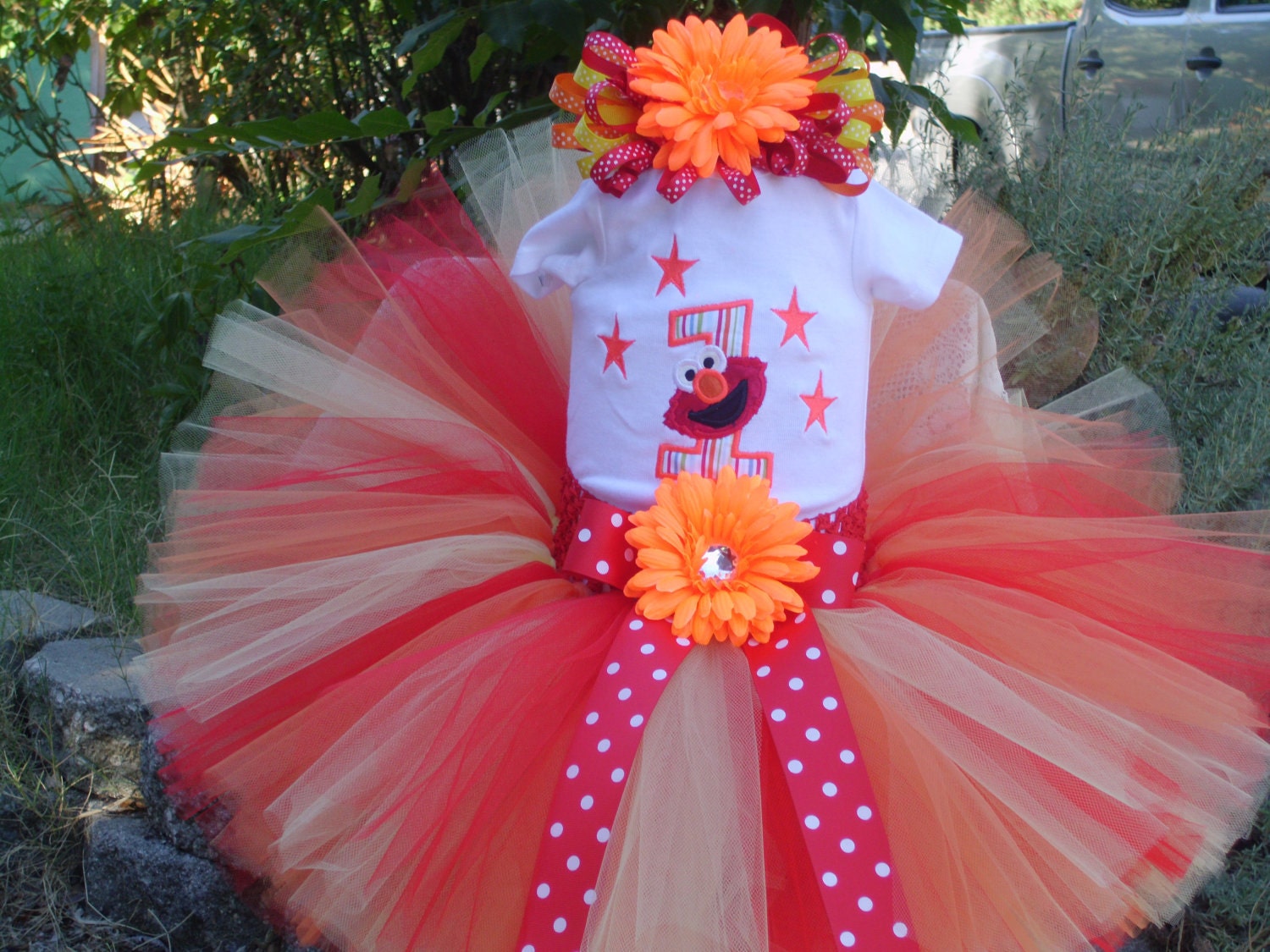 Birthday Tutu Outfit / Set - Elmo Embroidered Birthday Shirt and matching tutu with headband