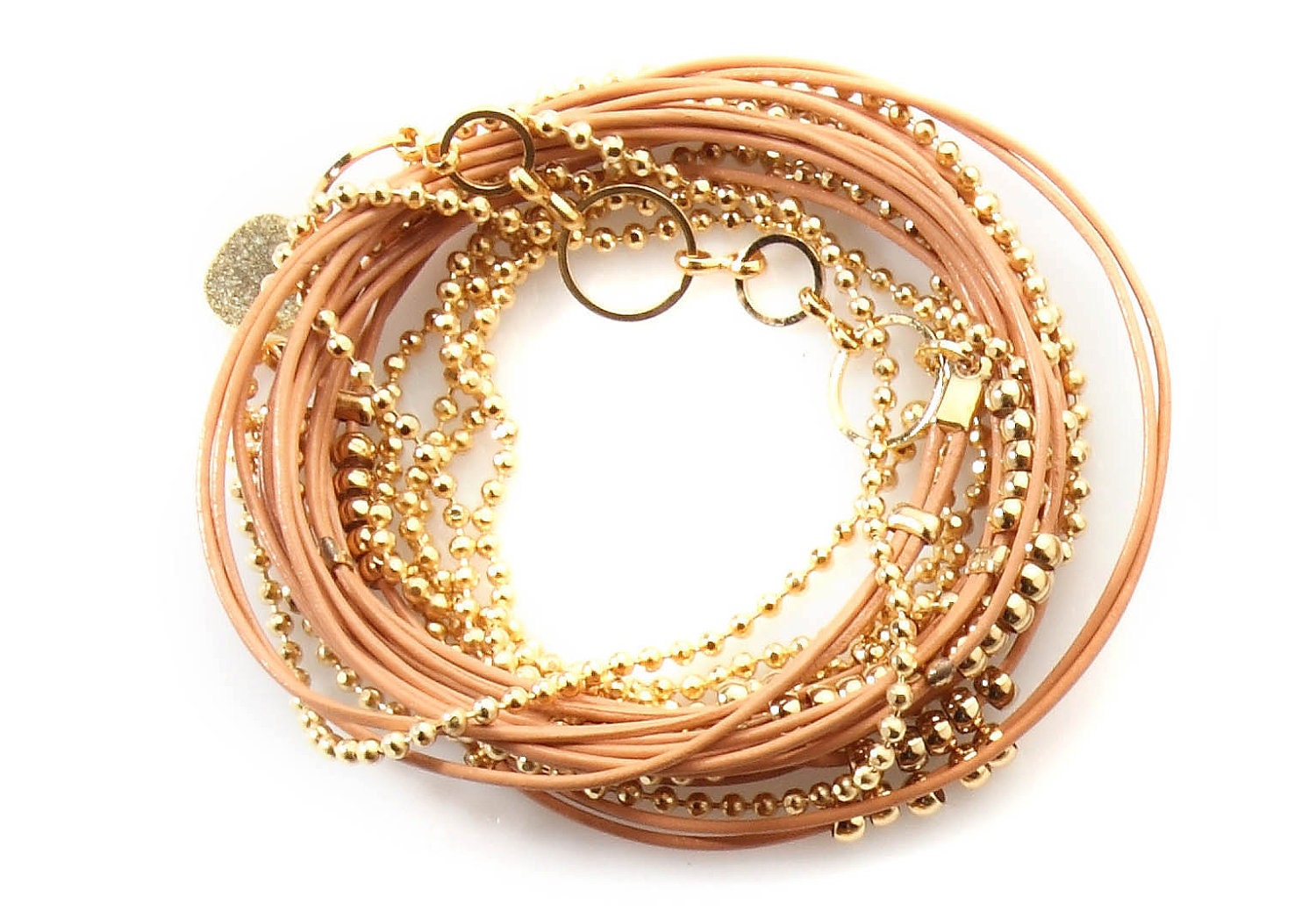 Gold Chain and Peach Leather Wrap Bracelet- Necklace with golden beads