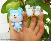 Blue Bear and Penguin Friends - Avatar Bear Miniature - Felt Crochet Bear - Plush Bear and Penguin