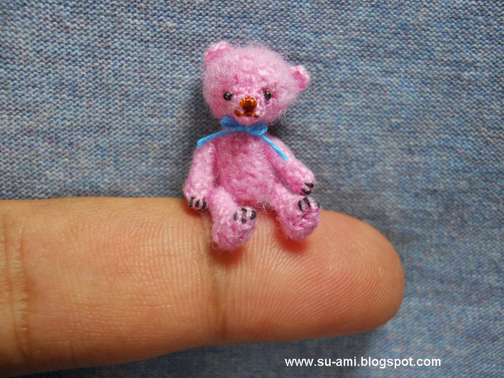 Miniature Pink Bear  - Mini Tiny Crochet Bear -  Mohair Bear Blue Bow