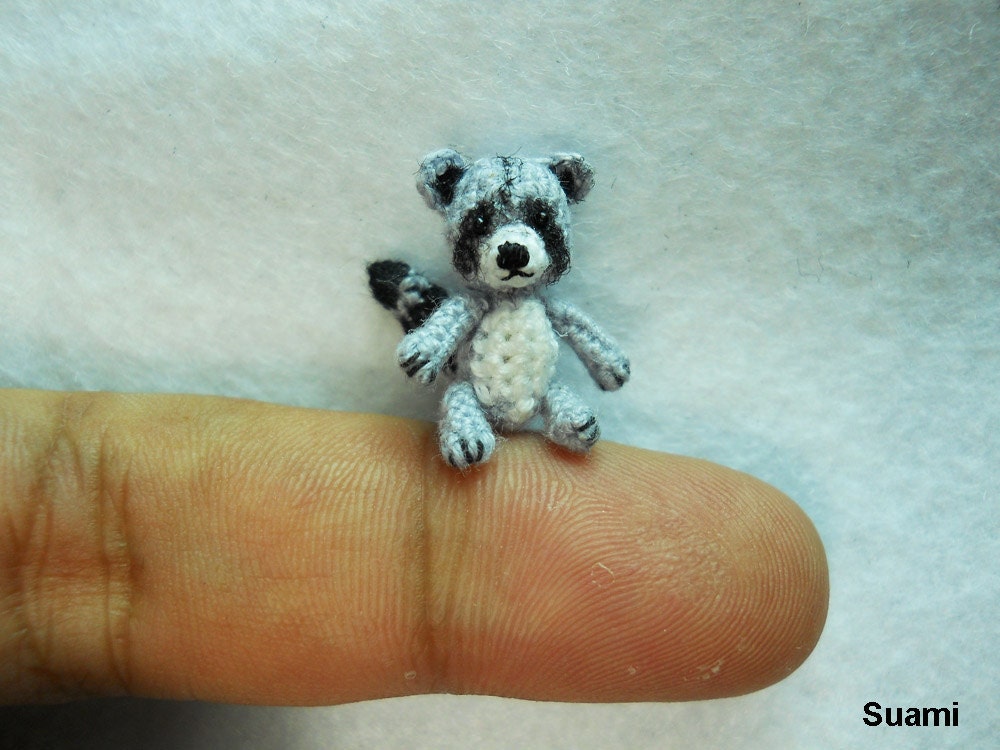 Miniature Gray Raccoon - Micro Crochet Miniature Small Animal - One Inch Scale Light Grey Racoon - Made To Order