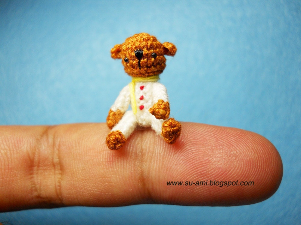 Brown Baby Bear White Shirt - Miniature Crochet 1 Inch Scale Teddy Bear