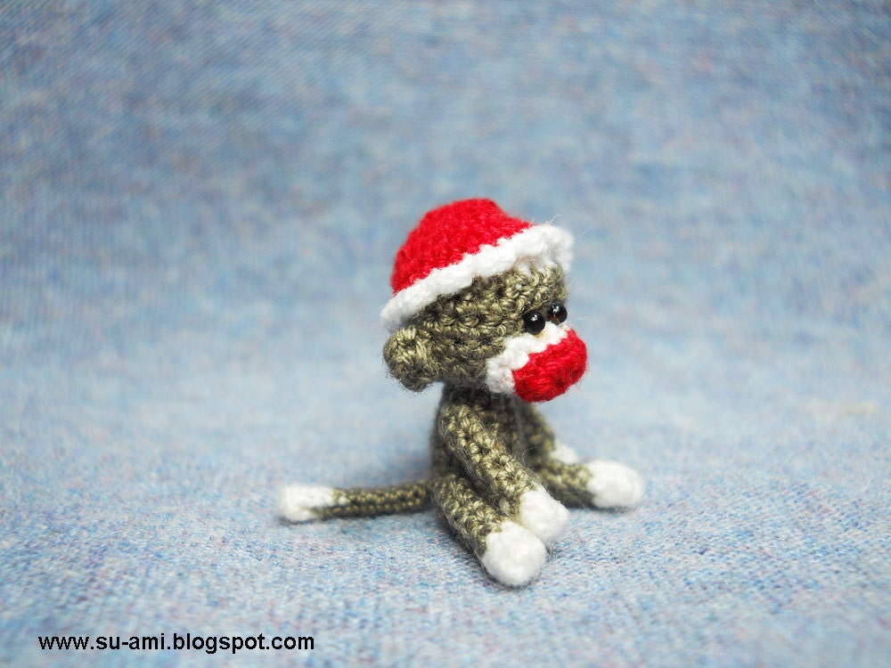 Miniature Sock Monkey With Santa Hat - Tiny Mini Crocheted Grey Monkeys - One Inch Scale