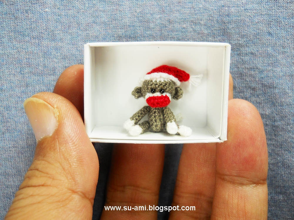 Miniature Sock Monkey With Santa Hat - Tiny Mini Crocheted Grey Monkeys - One Inch Scale