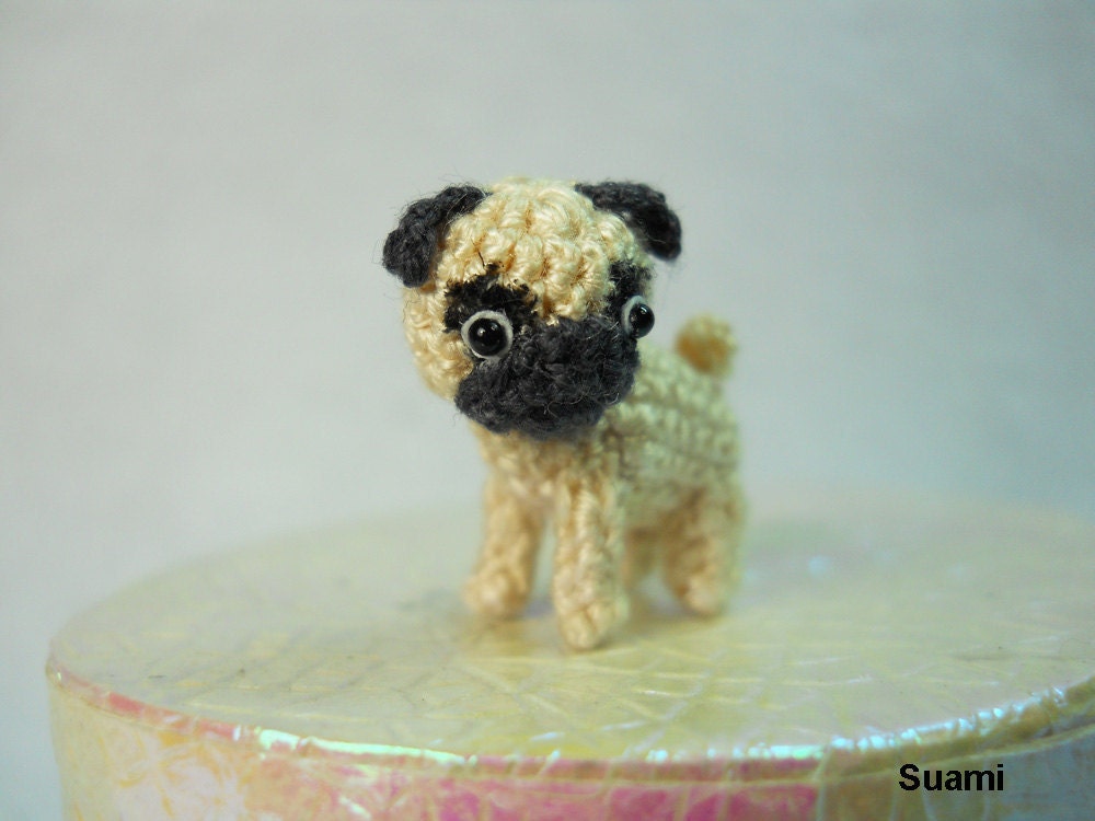 Micro Miniature Tan Pug Dog - Teeny Tiny Dollhouse Miniature Pet - Thread Crochet Animals - Made To Order
