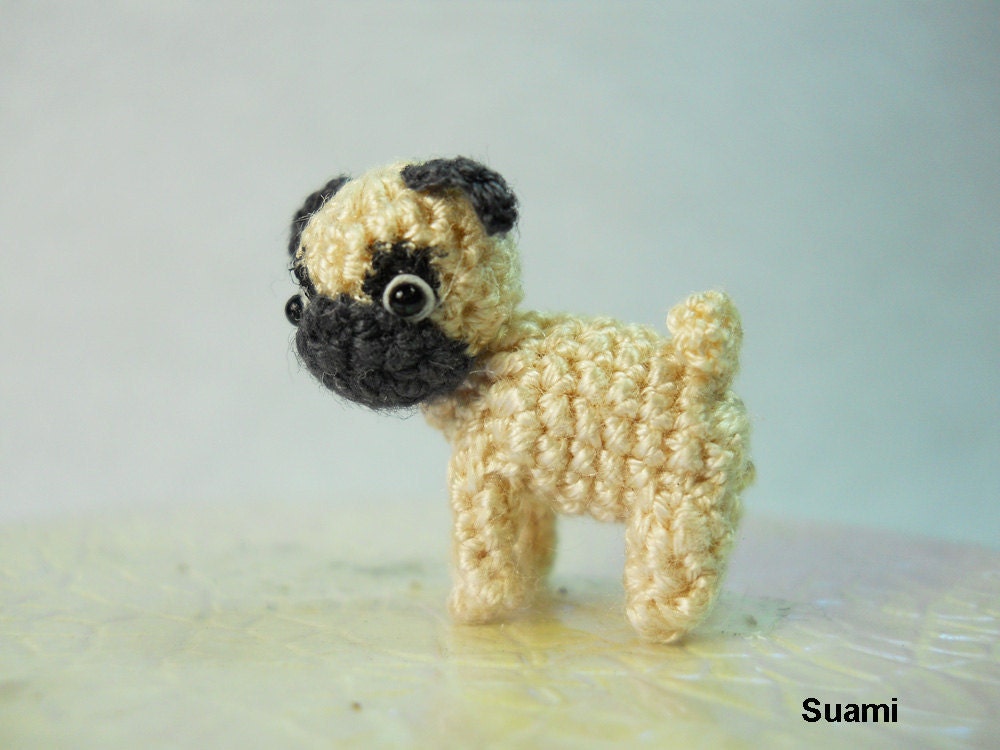 Micro Miniature Tan Pug Dog - Teeny Tiny Dollhouse Miniature Pet - Thread Crochet Animals - Made To Order