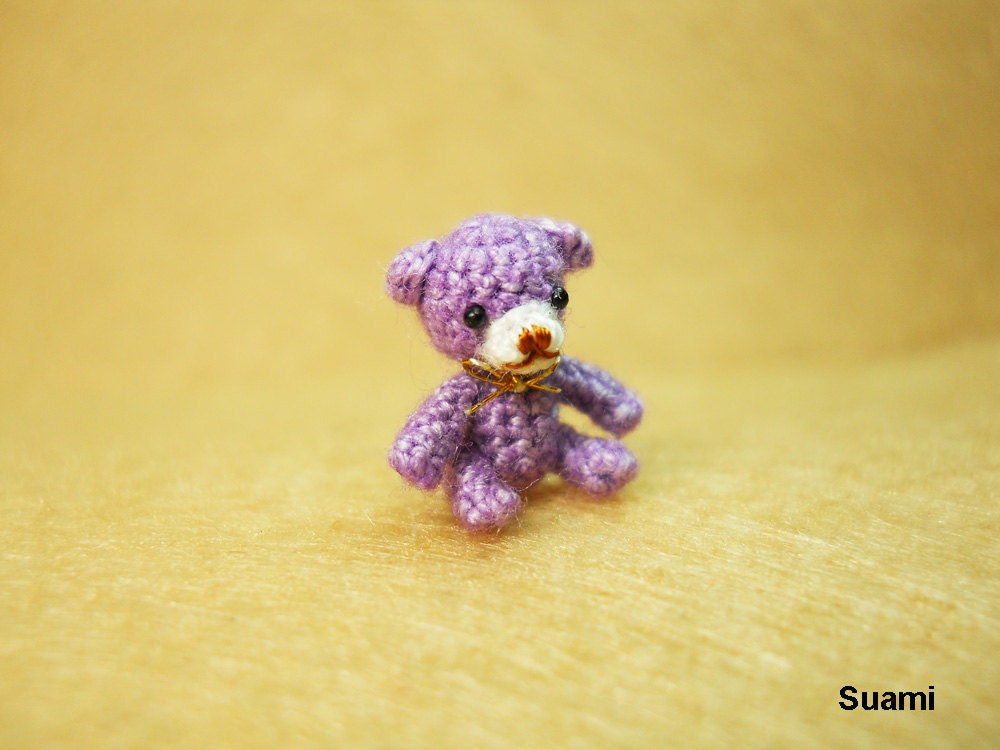 Extreme Micro Bear - Tiny Dollhouse Miniature Animals - 1/2 Inch Scale Crochet Creme Bear Golden Bow