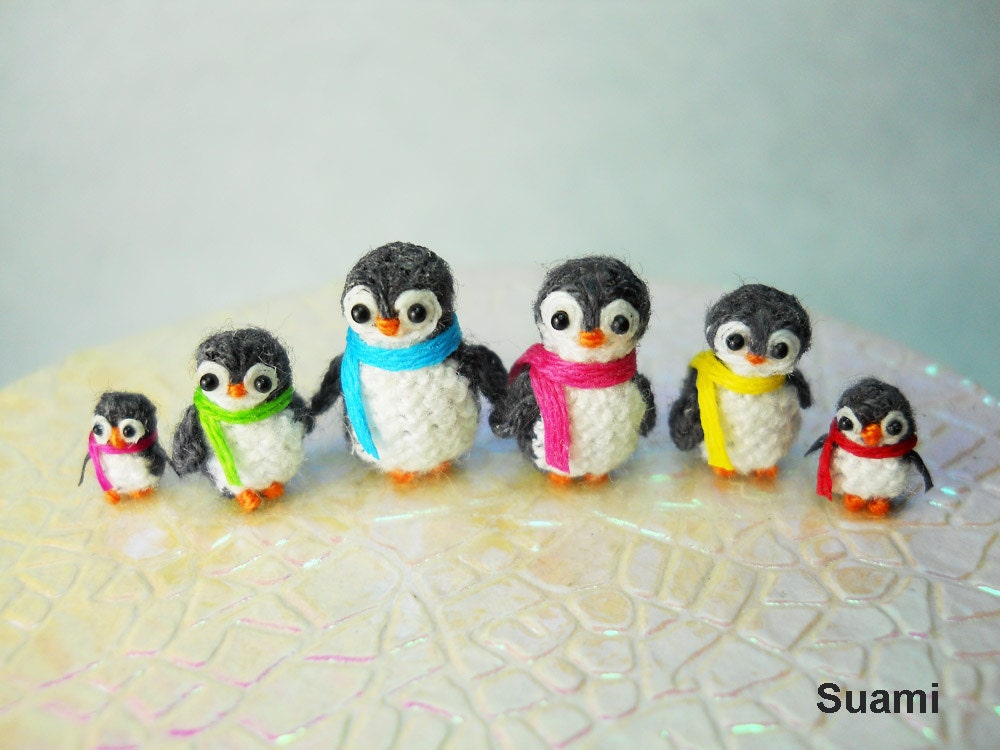 Penguin Family - Micro Crochet Miniature Penguins - Set of Six Penguin Chicks - Made To Order