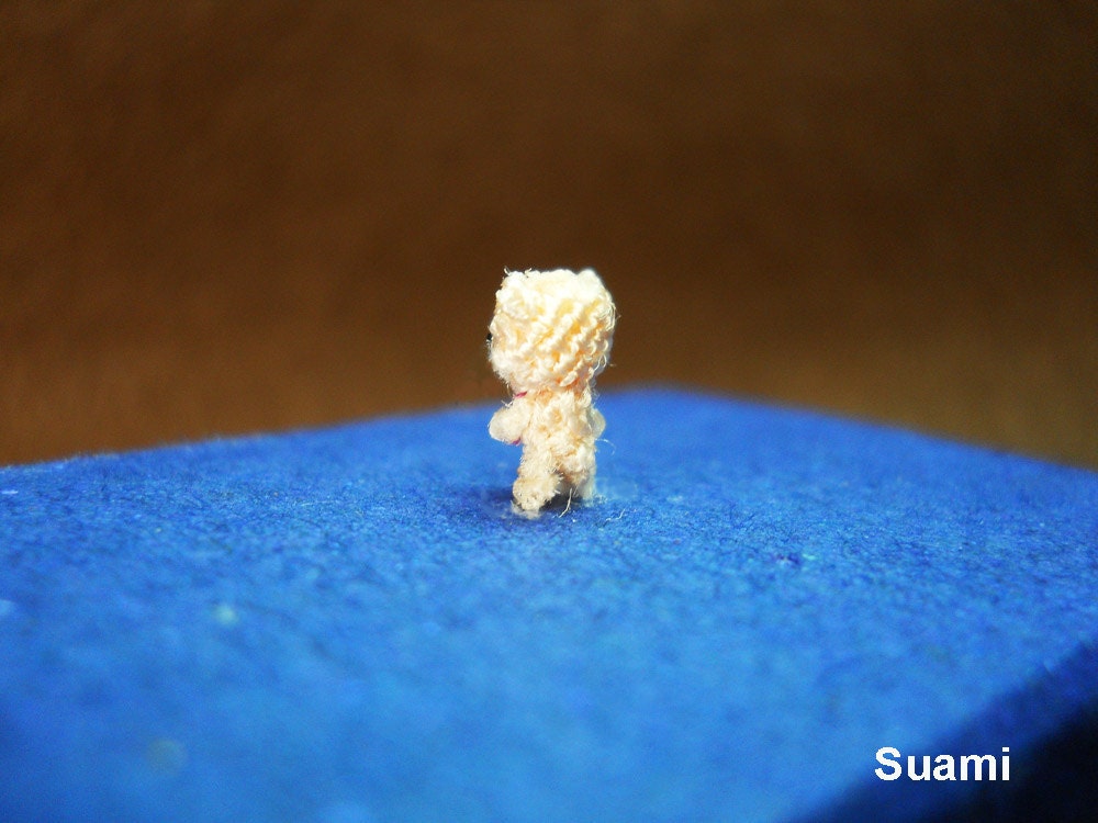 Extreme Micro Bear - Tiniest Dollhouse Miniature Bears - 1/4 Inch Scale Crochet  Cream Bear Pink Bow