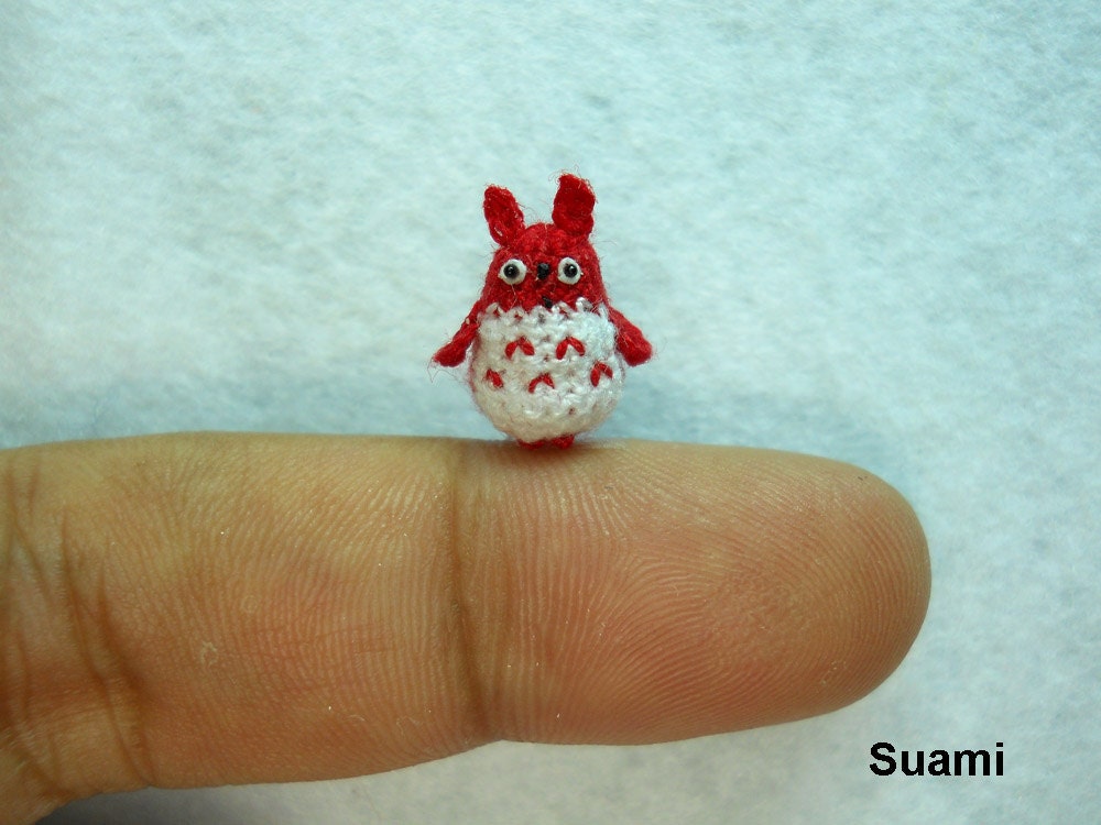 Micro Red Totoro - Tiny Mini Dollhouse Miniature Animals - Crochet Woodland Rabbit - Made To Order