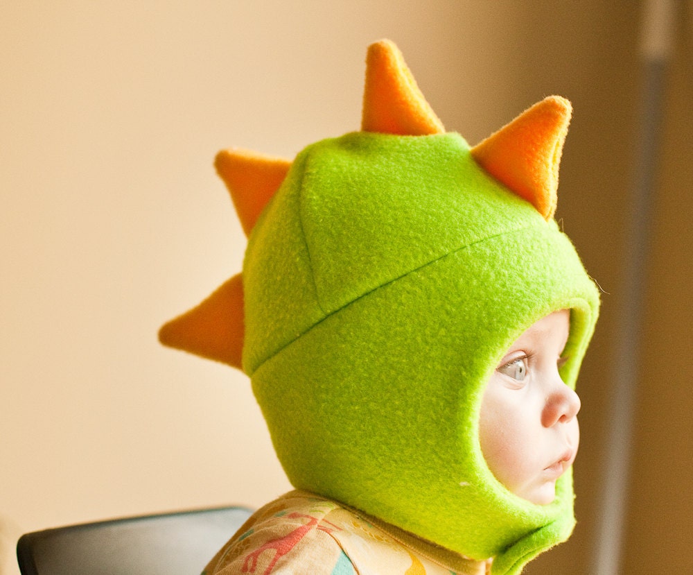 Green and Yellow Dinosaur Fleece Hat with Snap Closure