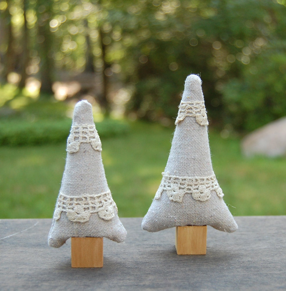 natural canvas and vintage lace stuffed trees