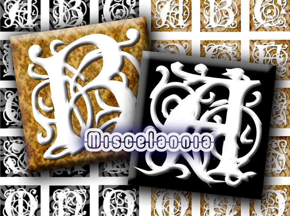 Initials Alphabet Letters (Romantik, White). Mix: SQUARES and CIRCLES (Instant Download). 8x5 Digital Collage Sheet. 1 inch. 038-S