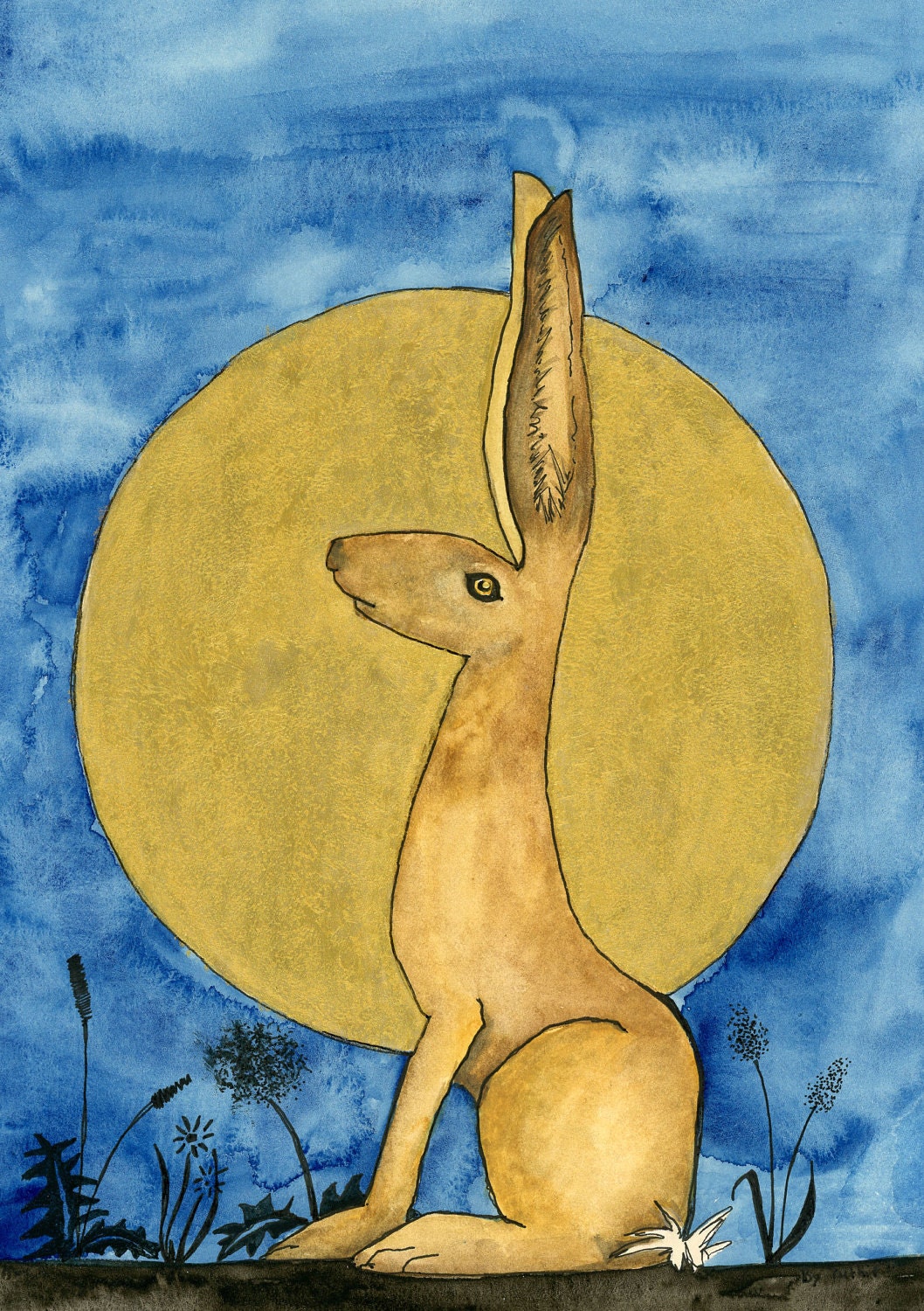 Moon gazing golden Hare A4 print