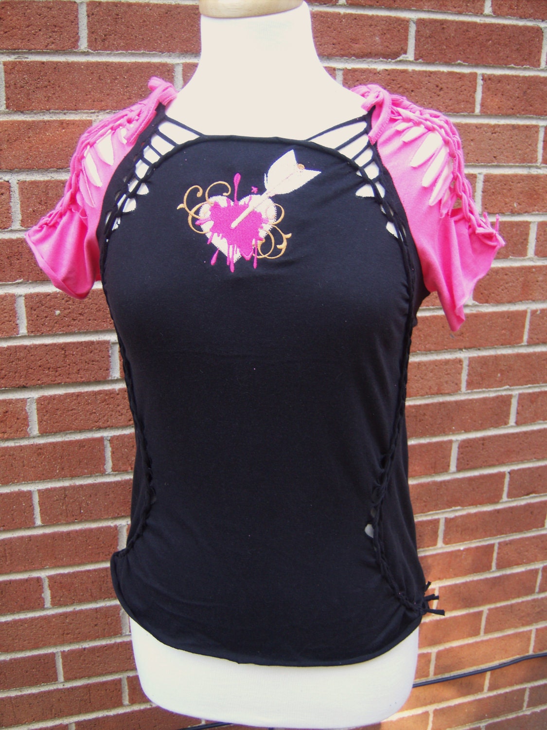 ripped t shirt braided shredded embroidered black and pink shot through the heart altered couture