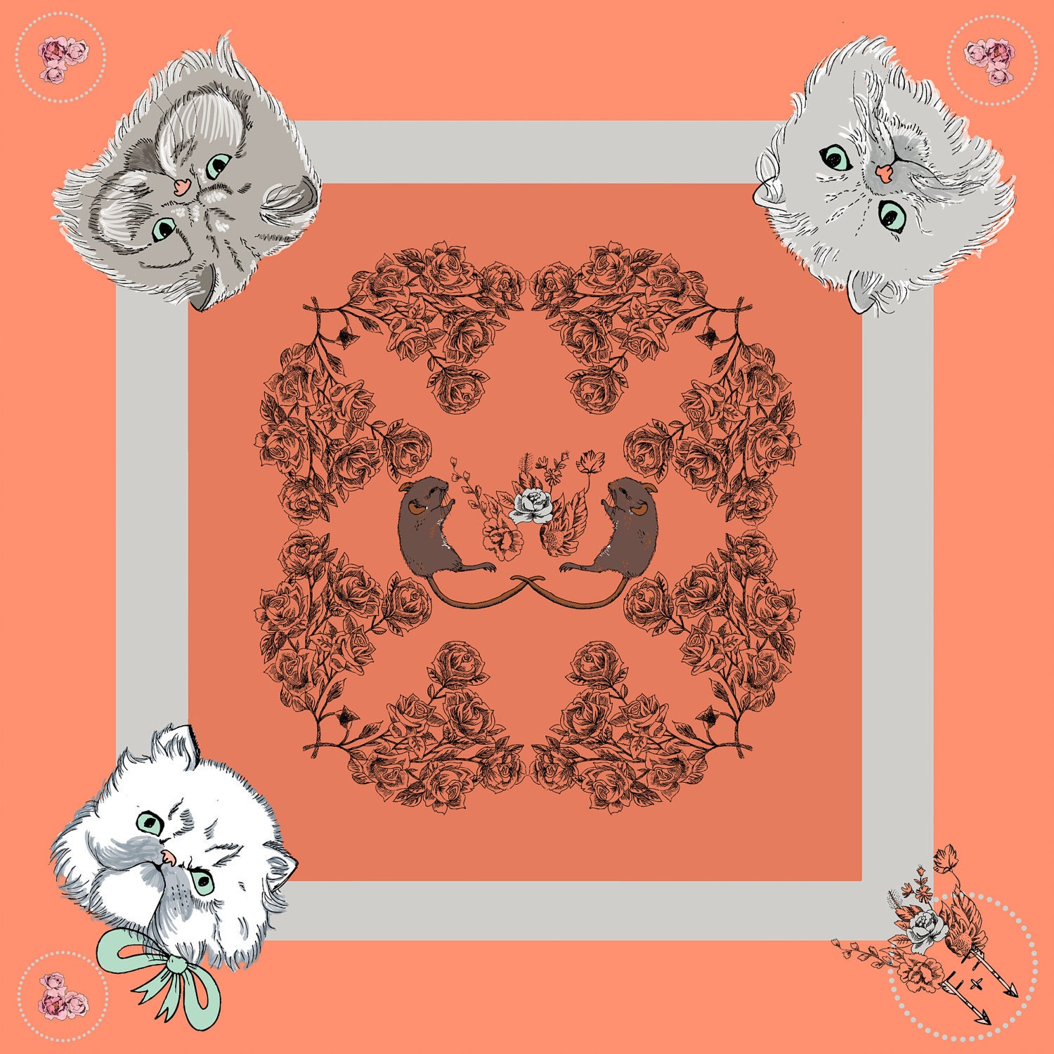 SAMPLE - printed silk scarf - Persians & Prey - 36" x 36"