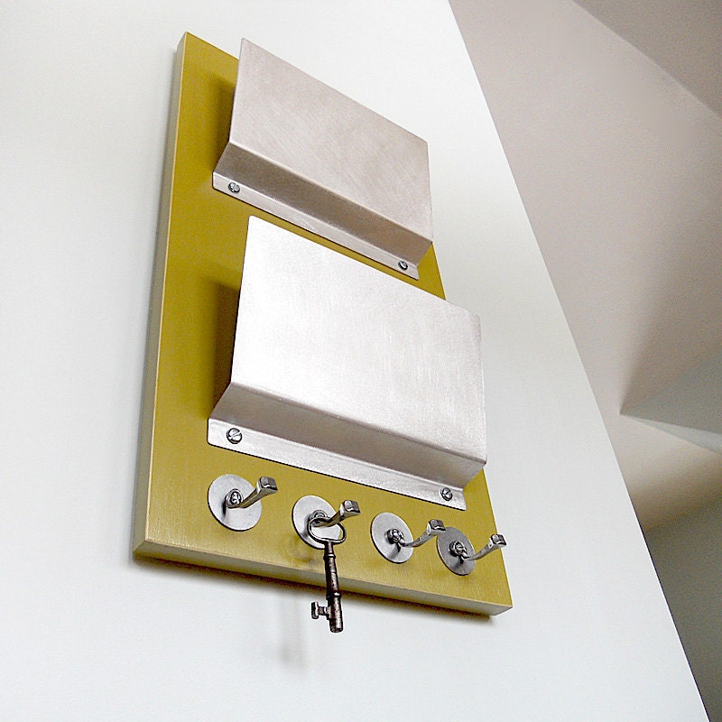 DUO:  wall mounted mail holder organization key rack chartreuse