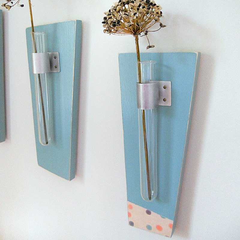 SKY: modern flower vase wood wall mount retro teal polka dots
