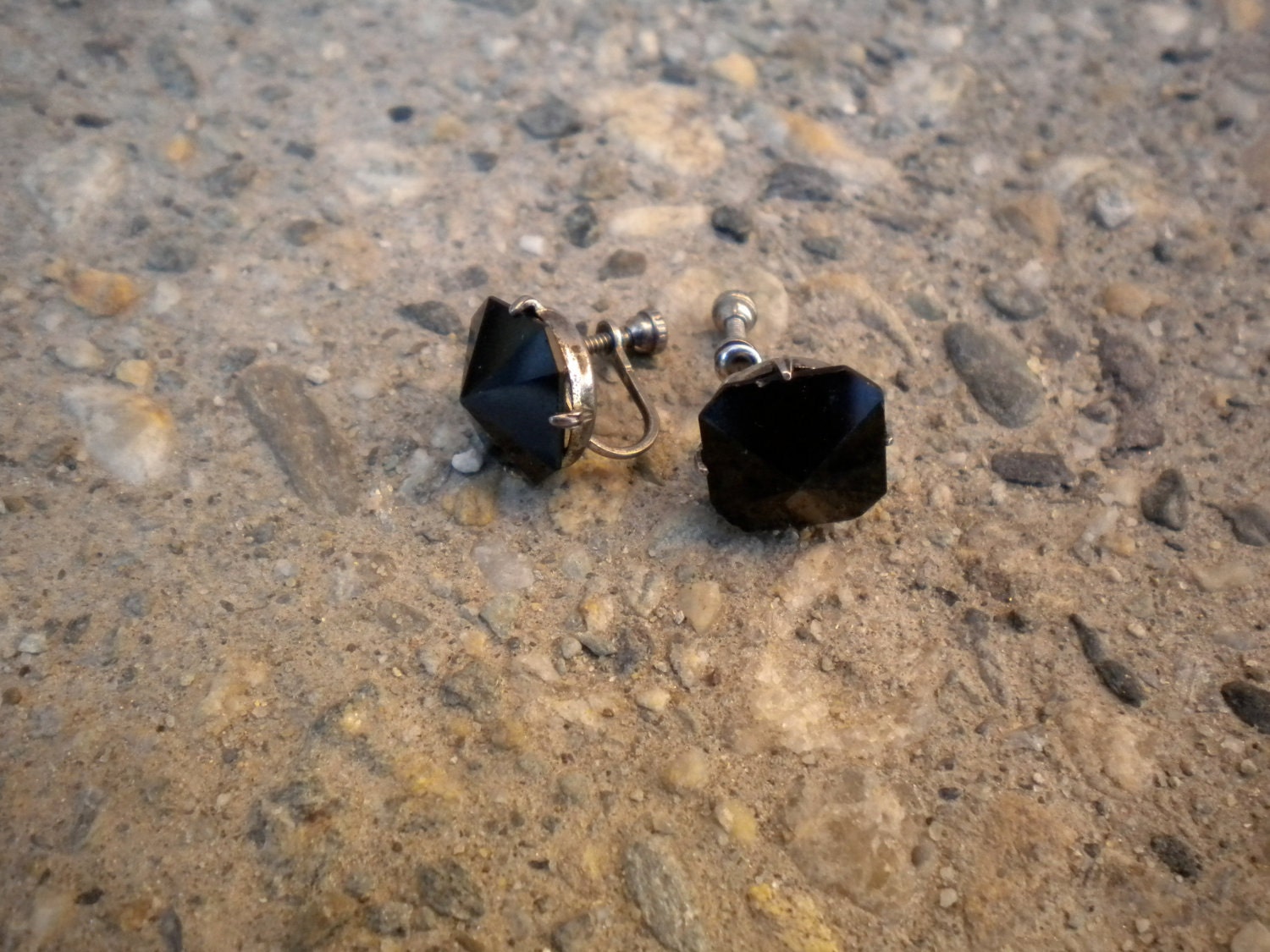 Beautiful Vintage Black Stone or Glass Earrings with Sterling Screw Backs