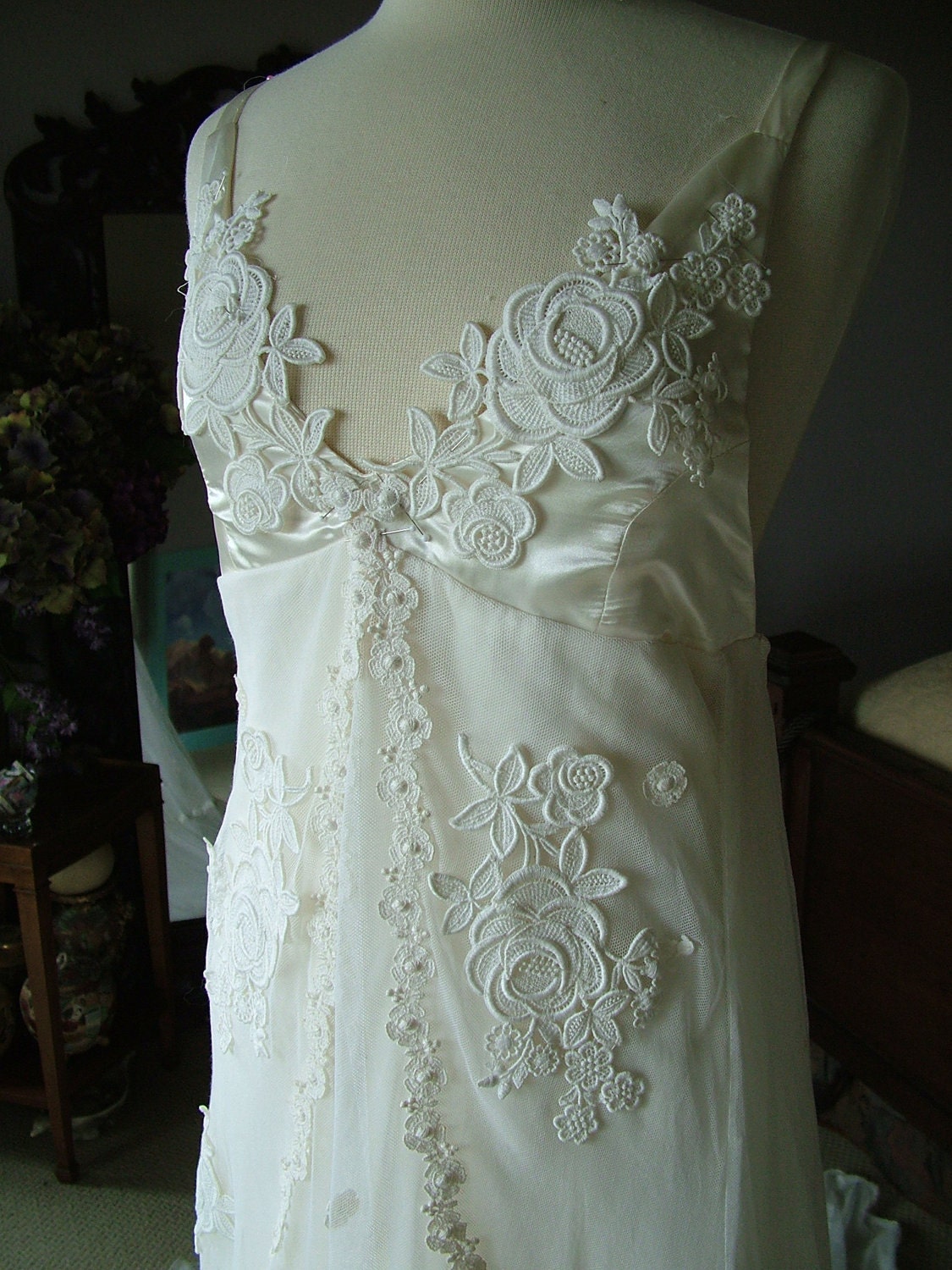 Wedding Dress Vintage Wedding Gown Tulle with Appliques 1970s restyled jacket and dress retro Hippie chic