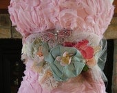 Pink wedding dress reception gown floral fabric custom sash strapless fit and flare wedding gown