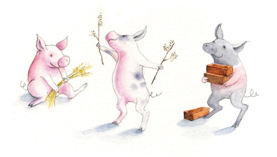 Three Little Pigs // 8 x 12 Handmade Print