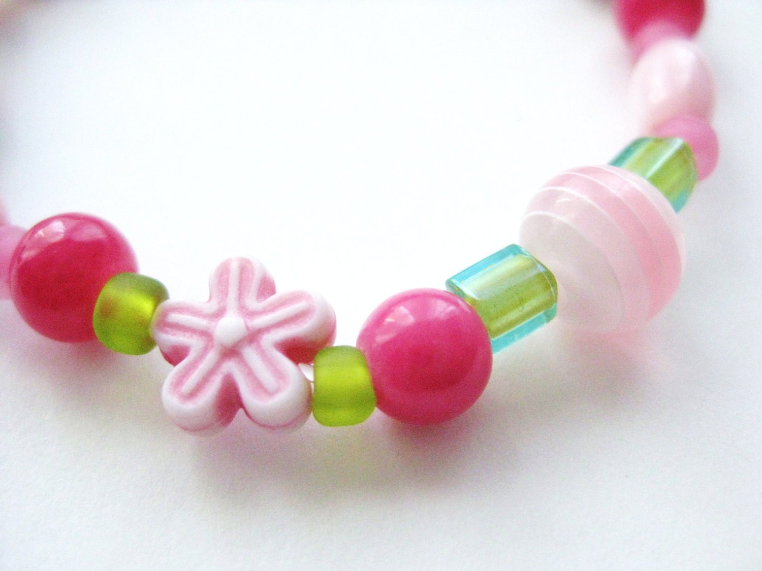 Girls Bracelet, Pink Flowers with Green Beads and Pink Mother of Pearl, Large Bracelet, GBL 122