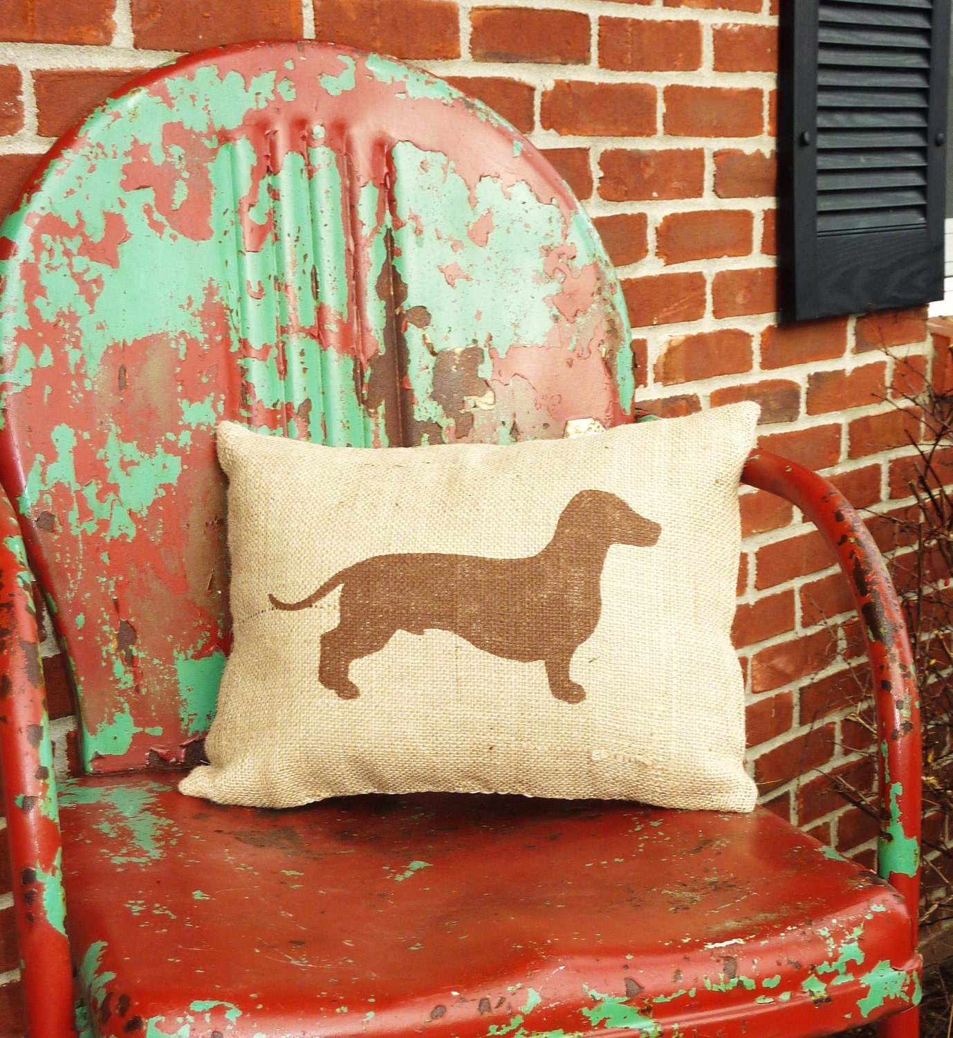 Handmade Stenciled Dachshund Silhouette Burlap Pillow-Insert Included